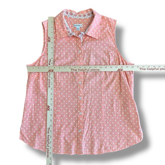 Croft & Barrow Women’s L Sleeveless Blouse Coral Pink White Polka Dot Cotton Top - Picture 3 of 6